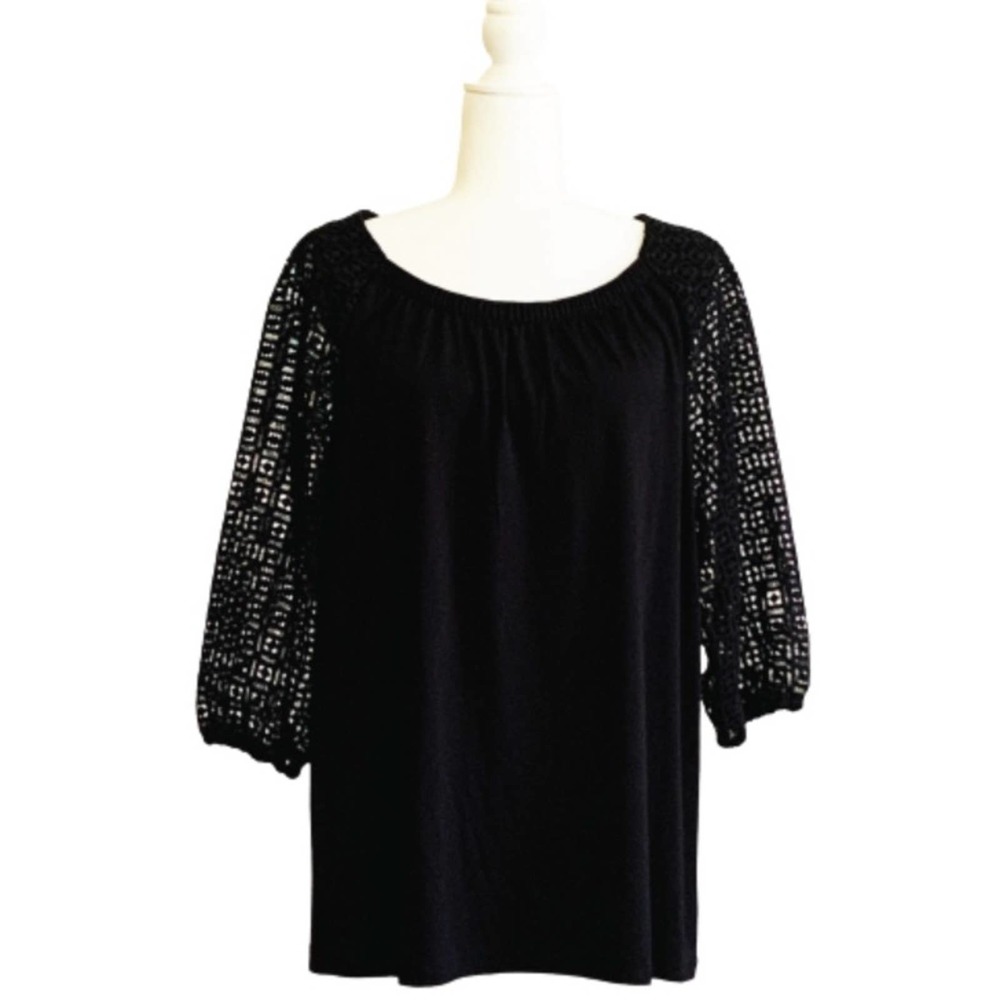 Talbots Plus Black 3/4 Lace Sleeves Elastic Neckline Top Blouse Plus Size 0X